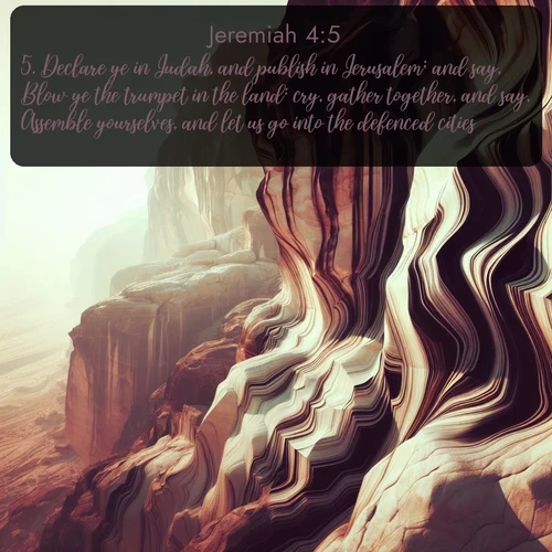 citation biblique : 5. Declare ye in Judah, and publish in Jerusalem; and say, Blow ye the trumpet in the land: cry, gather together, and say, Assemble yourselves, and let us go into the defenced cities.
 sur fond image nature