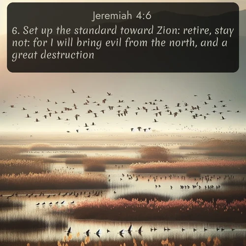 KJV Jeremiah  ; image nature: image with the bible verse :Set up the standard toward Zion: retire, stay not: for I will bring evil from the north, and a great destruction. ; Discover Bible verses beautifully integrated with natural scenes of varied seasons, featuring summer skies, winter snow, autumn leaves, and spring blooms. Each image captures the splendor and peace of God&#039;s creation. Share verses like KJV Jeremiah 4:6. Current verse is overlayed with the thematic nature scene : Spring migration fills marshlands with calling birds. ; 4:6
