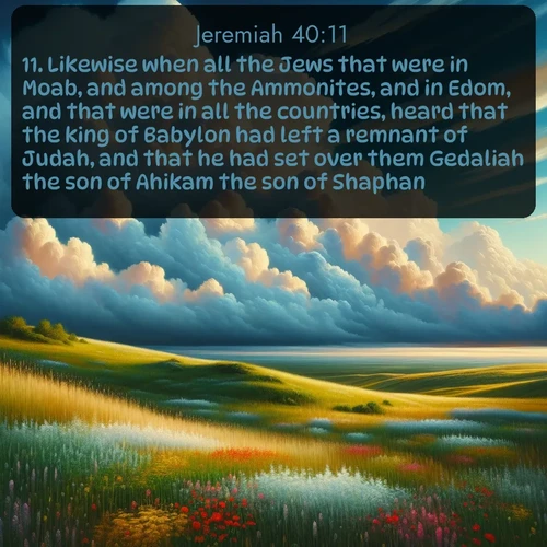 citation biblique : 11. Likewise when all the Jews that were in Moab, and among the Ammonites, and in Edom, and that were in all the countries, heard that the king of Babylon had left a remnant of Judah, and that he had set over them Gedaliah the son of Ahikam the son of Shaphan;
 sur fond image nature