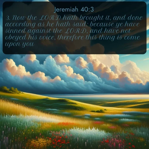 citation biblique : 3. Now the LORD hath brought it, and done according as he hath said: because ye have sinned against the LORD, and have not obeyed his voice, therefore this thing is come upon you.
 sur fond image nature