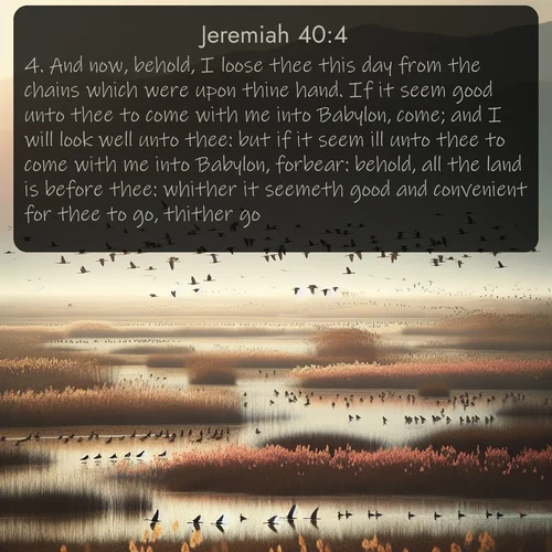 citation biblique : 4. And now, behold, I loose thee this day from the chains which were upon thine hand. If it seem good unto thee to come with me into Babylon, come; and I will look well unto thee: but if it seem ill unto thee to come with me into Babylon, forbear: behold, all the land is before thee: whither it seemeth good and convenient for thee to go, thither go.
 sur fond image nature