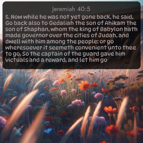 citation biblique : 5. Now while he was not yet gone back, he said, Go back also to Gedaliah the son of Ahikam the son of Shaphan, whom the king of Babylon hath made governor over the cities of Judah, and dwell with him among the people: or go wheresoever it seemeth convenient unto thee to go. So the captain of the guard gave him victuals and a reward, and let him go.
 sur fond image nature