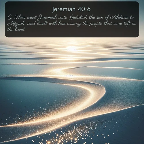 citation biblique : 6. Then went Jeremiah unto Gedaliah the son of Ahikam to Mizpah; and dwelt with him among the people that were left in the land.
 sur fond image nature