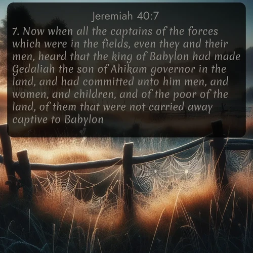 citation biblique : 7. Now when all the captains of the forces which were in the fields, even they and their men, heard that the king of Babylon had made Gedaliah the son of Ahikam governor in the land, and had committed unto him men, and women, and children, and of the poor of the land, of them that were not carried away captive to Babylon;
 sur fond image nature