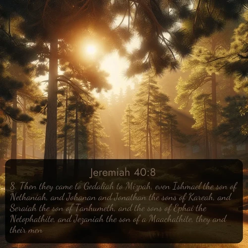 citation biblique : 8. Then they came to Gedaliah to Mizpah, even Ishmael the son of Nethaniah, and Johanan and Jonathan the sons of Kareah, and Seraiah the son of Tanhumeth, and the sons of Ephai the Netophathite, and Jezaniah the son of a Maachathite, they and their men.
 sur fond image nature