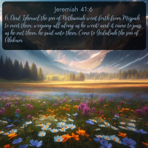 citation biblique : 6. And Ishmael the son of Nethaniah went forth from Mizpah to meet them, weeping all along as he went: and it came to pass, as he met them, he said unto them, Come to Gedaliah the son of Ahikam.
 sur fond image nature