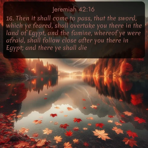citation biblique : 16. Then it shall come to pass, that the sword, which ye feared, shall overtake you there in the land of Egypt, and the famine, whereof ye were afraid, shall follow close after you there in Egypt; and there ye shall die.
 sur fond image nature