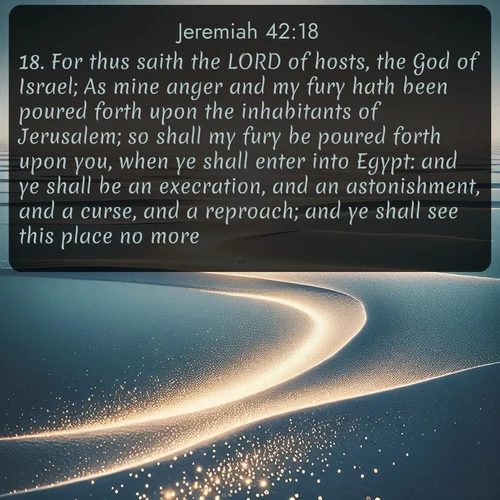 citation biblique : 18. For thus saith the LORD of hosts, the God of Israel; As mine anger and my fury hath been poured forth upon the inhabitants of Jerusalem; so shall my fury be poured forth upon you, when ye shall enter into Egypt: and ye shall be an execration, and an astonishment, and a curse, and a reproach; and ye shall see this place no more.
 sur fond image nature