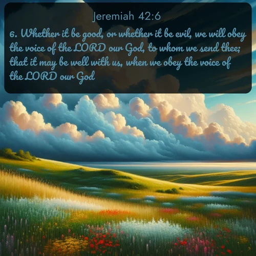 citation biblique : 6. Whether it be good, or whether it be evil, we will obey the voice of the LORD our God, to whom we send thee; that it may be well with us, when we obey the voice of the LORD our God.
 sur fond image nature