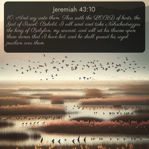 citation biblique : 10. And say unto them, Thus saith the LORD of hosts, the God of Israel; Behold, I will send and take Nebuchadrezzar the king of Babylon, my servant, and will set his throne upon these stones that I have hid; and he shall spread his royal pavilion over them.
 sur fond image nature