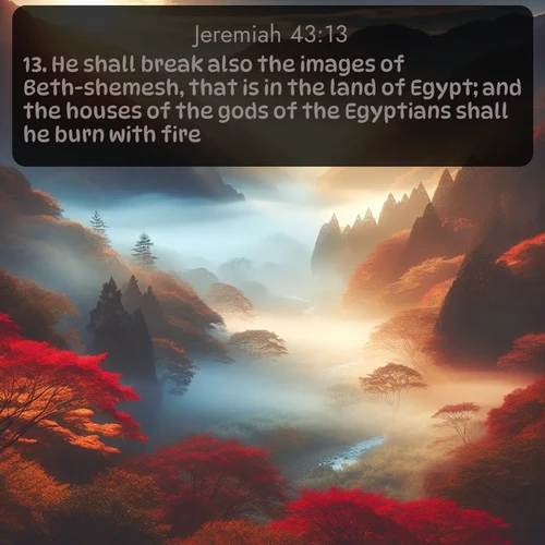 citation biblique : 13. He shall break also the images of Beth-shemesh, that is in the land of Egypt; and the houses of the gods of the Egyptians shall he burn with fire.
 sur fond image nature