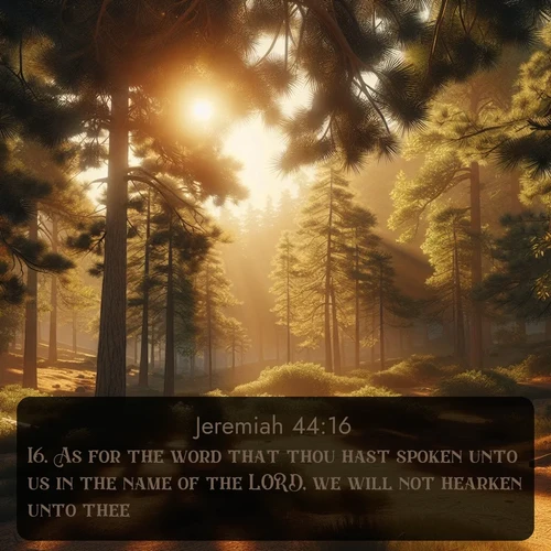 citation biblique : 16. As for the word that thou hast spoken unto us in the name of the LORD, we will not hearken unto thee.
 sur fond image nature