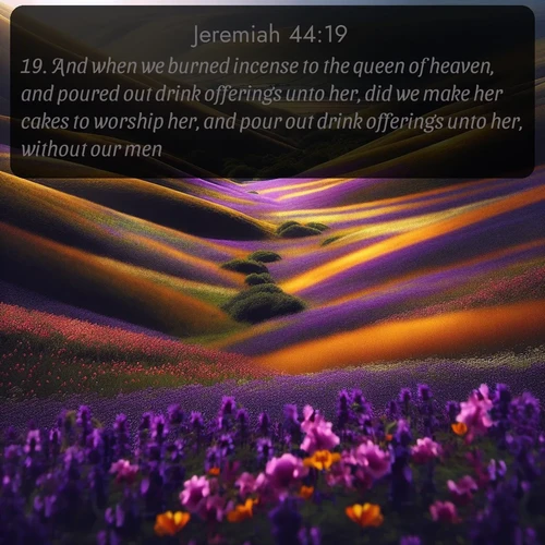 KJV Jeremiah  ; image nature: image with the bible verse :And when we burned incense to the queen of heaven, and poured out drink offerings unto her, did we make her cakes to worship her, and pour out drink offerings unto her, without our men? ; Browse a large collection of Bible verse images with photos showcasing the splendor of nature. Scenes of peaceful rivers, verdant valleys, and radiant skies enhance the inspiring verses. Each image reflects the serenity and joy of God&#039;s creation, with elegant text fonts. Download and share verses such as KJV Jeremiah 44:19. Current verse is overlayed with the thematic nature scene : Spring wildflowers carpet rolling hills in purple and gold. ; 44:19