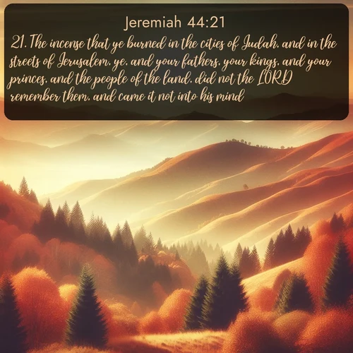 citation biblique : 21. The incense that ye burned in the cities of Judah, and in the streets of Jerusalem, ye, and your fathers, your kings, and your princes, and the people of the land, did not the LORD remember them, and came it not into his mind?
 sur fond image nature