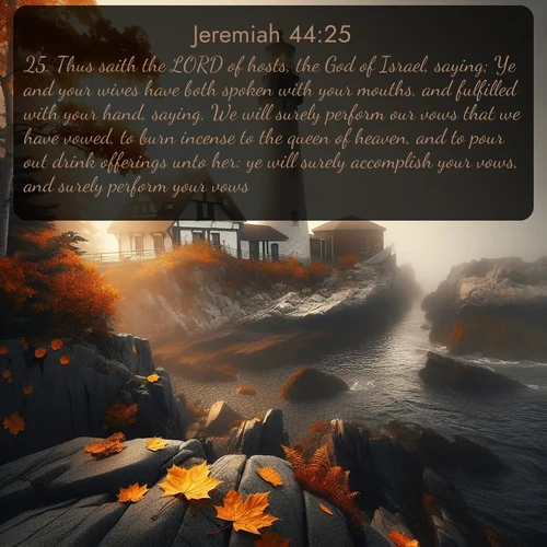 KJV Jeremiah  ; image nature: image with the bible verse :Thus saith the LORD of hosts, the God of Israel, saying; Ye and your wives have both spoken with your mouths, and fulfilled with your hand, saying, We will surely perform our vows that we have vowed, to burn incense to the queen of heaven, and to pour out drink offerings unto her: ye will surely accomplish your vows, and surely perform your vows. ; Admire Bible images evoking autumn, with warm colors of fallen leaves, harvested fields, and tranquil woods. These inspiring landscapes reflect the transition and beauty of God&#039;s creation. Download verses like KJV Jeremiah 44:25. Current verse is overlayed with the thematic nature scene : Autumn fog shrouds a lighthouse on rocky shores. ; 44:25