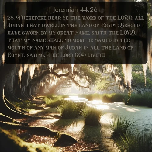 citation biblique : 26. Therefore hear ye the word of the LORD, all Judah that dwell in the land of Egypt; Behold, I have sworn by my great name, saith the LORD, that my name shall no more be named in the mouth of any man of Judah in all the land of Egypt, saying, The Lord GOD liveth.
 sur fond image nature