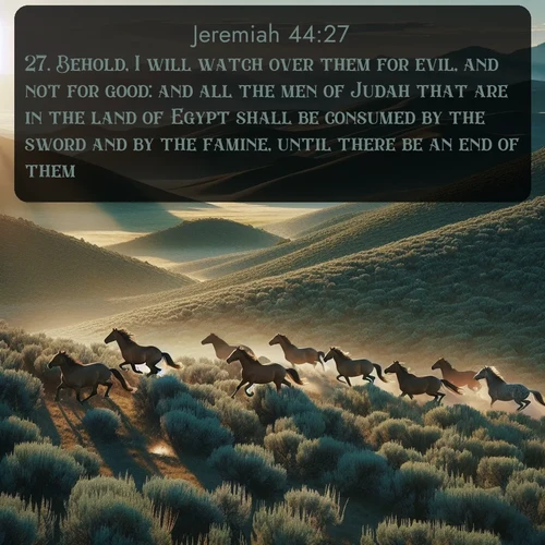 citation biblique : 27. Behold, I will watch over them for evil, and not for good: and all the men of Judah that are in the land of Egypt shall be consumed by the sword and by the famine, until there be an end of them.
 sur fond image nature