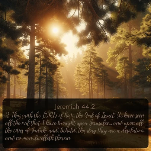 KJV Jeremiah  ; image nature: image with the bible verse :Thus saith the LORD of hosts, the God of Israel; Ye have seen all the evil that I have brought upon Jerusalem, and upon all the cities of Judah; and, behold, this day they are a desolation, and no man dwelleth therein, ; Download Bible verse images paired with breathtaking nature photos like golden deserts, shimmering seas, and blossoming orchards. These high-quality, free images are perfect for wallpapers or sharing. Verses include KJV Jeremiah 44:2. Current verse is overlayed with the thematic nature scene : Summer heat brings out the scent of pine needles. ; 44:2