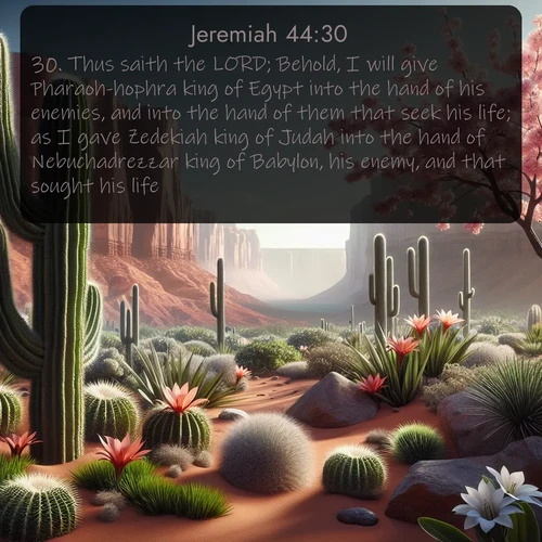KJV Jeremiah  ; image nature: image with the bible verse :Thus saith the LORD; Behold, I will give Pharaoh-hophra king of Egypt into the hand of his enemies, and into the hand of them that seek his life; as I gave Zedekiah king of Judah into the hand of Nebuchadrezzar king of Babylon, his enemy, and that sought his life. ; Download Bible verse images featuring vibrant photos of nature, from snowy landscapes to golden deserts. These free images are perfect for phone wallpapers, desktop backgrounds, or sharing. Verses include KJV Jeremiah 44:30. Current verse is overlayed with the thematic nature scene : Desert cacti burst with spring blooms against red sandstone formations. ; 44:30
