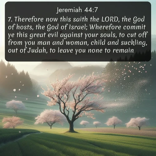 citation biblique : 7. Therefore now this saith the LORD, the God of hosts, the God of Israel; Wherefore commit ye this great evil against your souls, to cut off from you man and woman, child and suckling, out of Judah, to leave you none to remain;
 sur fond image nature