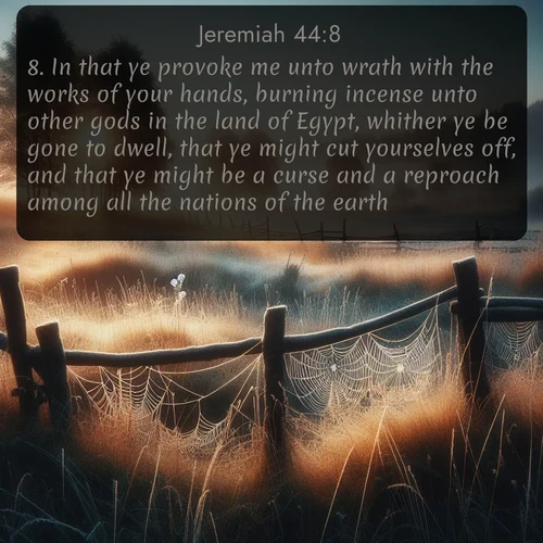 citation biblique : 8. In that ye provoke me unto wrath with the works of your hands, burning incense unto other gods in the land of Egypt, whither ye be gone to dwell, that ye might cut yourselves off, and that ye might be a curse and a reproach among all the nations of the earth?
 sur fond image nature
