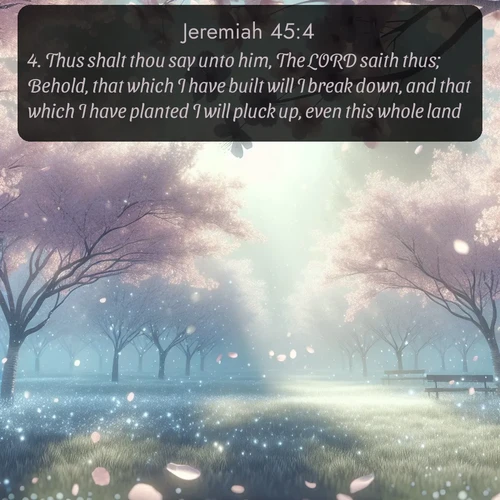 citation biblique : 4. Thus shalt thou say unto him, The LORD saith thus; Behold, that which I have built will I break down, and that which I have planted I will pluck up, even this whole land.
 sur fond image nature