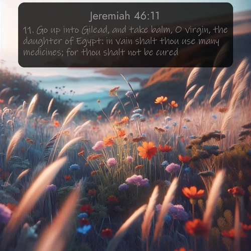citation biblique : 11. Go up into Gilead, and take balm, O virgin, the daughter of Egypt: in vain shalt thou use many medicines; for thou shalt not be cured.
 sur fond image nature