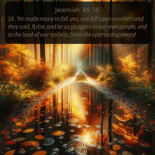 citation biblique : 16. He made many to fall, yea, one fell upon another: and they said, Arise, and let us go again to our own people, and to the land of our nativity, from the oppressing sword.
 sur fond image nature
