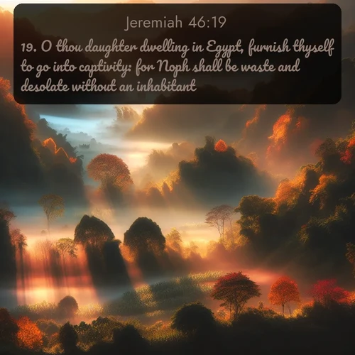 citation biblique : 19. O thou daughter dwelling in Egypt, furnish thyself to go into captivity: for Noph shall be waste and desolate without an inhabitant.
 sur fond image nature