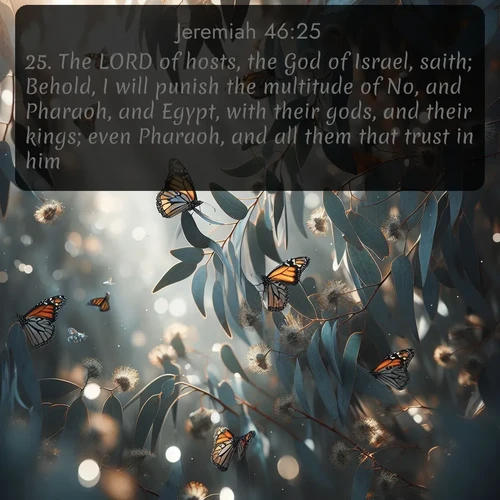 citation biblique : 25. The LORD of hosts, the God of Israel, saith; Behold, I will punish the multitude of No, and Pharaoh, and Egypt, with their gods, and their kings; even Pharaoh, and all them that trust in him:
 sur fond image nature