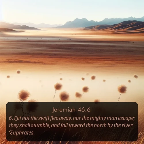 citation biblique : 6. Let not the swift flee away, nor the mighty man escape; they shall stumble, and fall toward the north by the river Euphrates.
 sur fond image nature