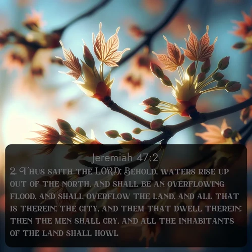 citation biblique : 2. Thus saith the LORD; Behold, waters rise up out of the north, and shall be an overflowing flood, and shall overflow the land, and all that is therein; the city, and them that dwell therein: then the men shall cry, and all the inhabitants of the land shall howl.
 sur fond image nature