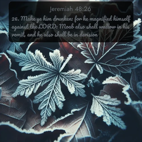 KJV Jeremiah  ; image nature: image with the bible verse :Make ye him drunken: for he magnified himself against the LORD: Moab also shall wallow in his vomit, and he also shall be in derision. ; Dive into our collection of Bible verses paired with coastal scenes, featuring calming waves, infinite beaches, and reflections of the sun on the water. These images evoke the peace and beauty of God. Share verses like KJV Jeremiah 48:26. Current verse is overlayed with the thematic nature scene : Winter frost creates delicate patterns on fallen leaves. ; 48:26