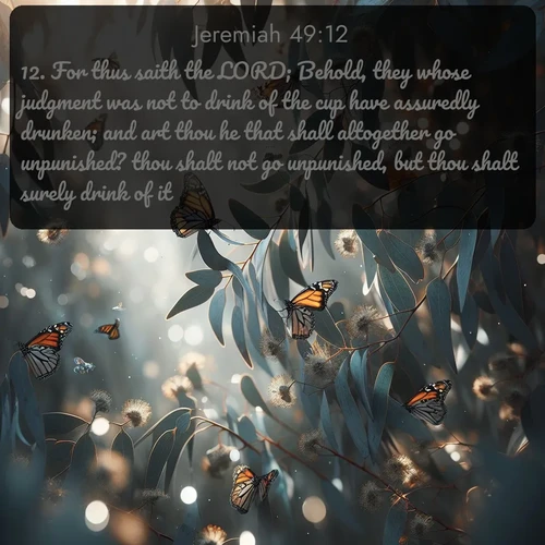 citation biblique : 12. For thus saith the LORD; Behold, they whose judgment was not to drink of the cup have assuredly drunken; and art thou he that shall altogether go unpunished? thou shalt not go unpunished, but thou shalt surely drink of it.
 sur fond image nature