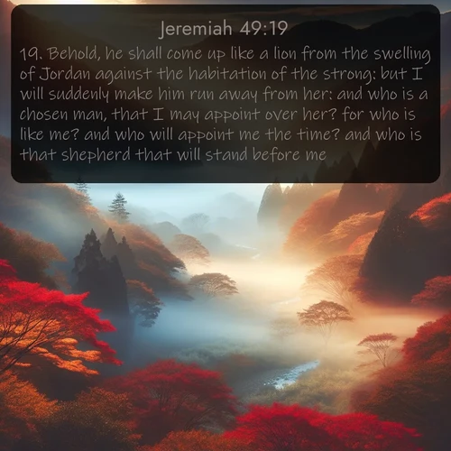 citation biblique : 19. Behold, he shall come up like a lion from the swelling of Jordan against the habitation of the strong: but I will suddenly make him run away from her: and who is a chosen man, that I may appoint over her? for who is like me? and who will appoint me the time? and who is that shepherd that will stand before me?
 sur fond image nature