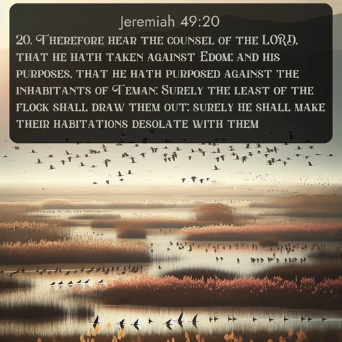citation biblique : 20. Therefore hear the counsel of the LORD, that he hath taken against Edom; and his purposes, that he hath purposed against the inhabitants of Teman: Surely the least of the flock shall draw them out: surely he shall make their habitations desolate with them.
 sur fond image nature