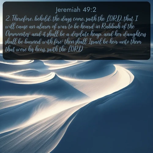 citation biblique : 2. Therefore, behold, the days come, saith the LORD, that I will cause an alarm of war to be heard in Rabbah of the Ammonites; and it shall be a desolate heap, and her daughters shall be burned with fire: then shall Israel be heir unto them that were his heirs, saith the LORD.
 sur fond image nature