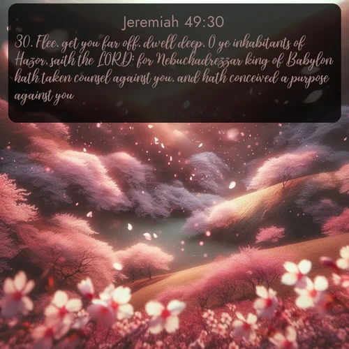 citation biblique : 30. Flee, get you far off, dwell deep, O ye inhabitants of Hazor, saith the LORD; for Nebuchadrezzar king of Babylon hath taken counsel against you, and hath conceived a purpose against you.
 sur fond image nature