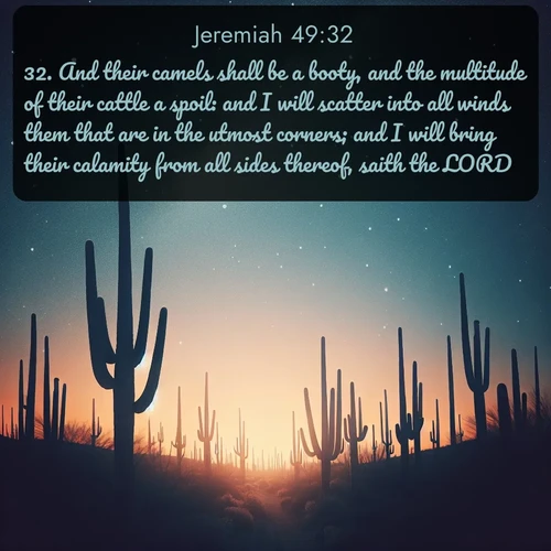 citation biblique : 32. And their camels shall be a booty, and the multitude of their cattle a spoil: and I will scatter into all winds them that are in the utmost corners; and I will bring their calamity from all sides thereof, saith the LORD.
 sur fond image nature