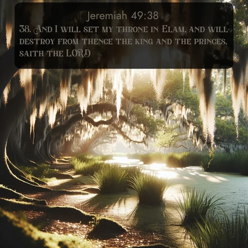citation biblique : 38. And I will set my throne in Elam, and will destroy from thence the king and the princes, saith the LORD.
 sur fond image nature