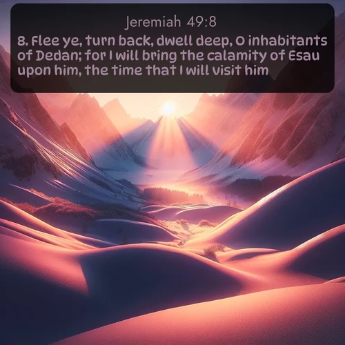 citation biblique : 8. Flee ye, turn back, dwell deep, O inhabitants of Dedan; for I will bring the calamity of Esau upon him, the time that I will visit him.
 sur fond image nature