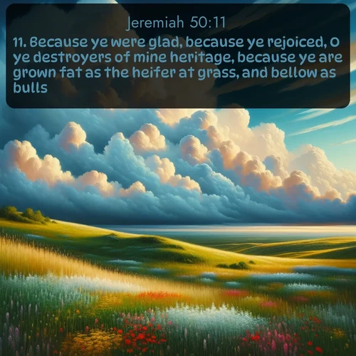 citation biblique : 11. Because ye were glad, because ye rejoiced, O ye destroyers of mine heritage, because ye are grown fat as the heifer at grass, and bellow as bulls;
 sur fond image nature