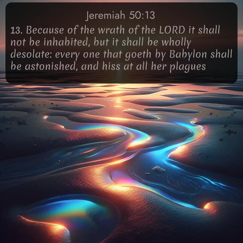 citation biblique : 13. Because of the wrath of the LORD it shall not be inhabited, but it shall be wholly desolate: every one that goeth by Babylon shall be astonished, and hiss at all her plagues.
 sur fond image nature
