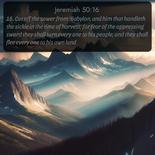 citation biblique : 16. Cut off the sower from Babylon, and him that handleth the sickle in the time of harvest: for fear of the oppressing sword they shall turn every one to his people, and they shall flee every one to his own land.
 sur fond image nature