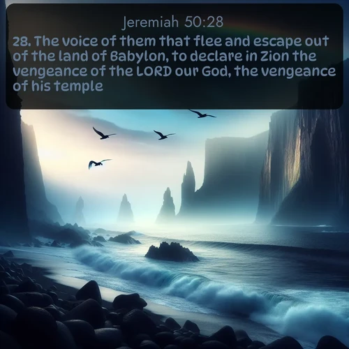 citation biblique : 28. The voice of them that flee and escape out of the land of Babylon, to declare in Zion the vengeance of the LORD our God, the vengeance of his temple.
 sur fond image nature