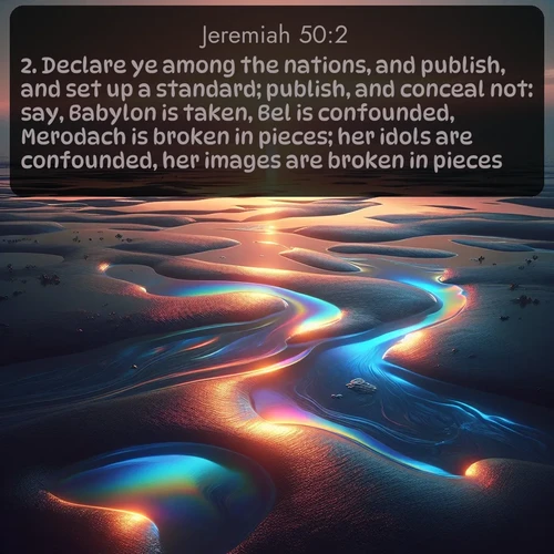 citation biblique : 2. Declare ye among the nations, and publish, and set up a standard; publish, and conceal not: say, Babylon is taken, Bel is confounded, Merodach is broken in pieces; her idols are confounded, her images are broken in pieces.
 sur fond image nature
