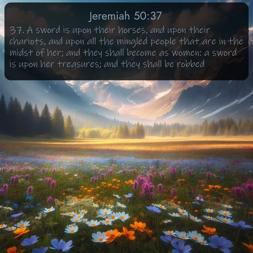 citation biblique : 37. A sword is upon their horses, and upon their chariots, and upon all the mingled people that are in the midst of her; and they shall become as women: a sword is upon her treasures; and they shall be robbed.
 sur fond image nature