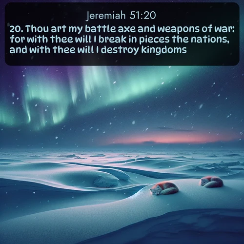 citation biblique : 20. Thou art my battle axe and weapons of war: for with thee will I break in pieces the nations, and with thee will I destroy kingdoms;
 sur fond image nature