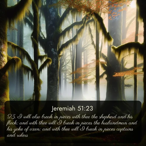 KJV Jeremiah  ; image nature: image with the bible verse :I will also break in pieces with thee the shepherd and his flock; and with thee will I break in pieces the husbandman and his yoke of oxen; and with thee will I break in pieces captains and rulers. ; Browse our selection of stunning Bible verse images featuring unique natural scenes like fiery autumn forests, serene meadows, and starlit skies. Download and share verses like KJV Jeremiah 51:23 for free. Current verse is overlayed with the thematic nature scene : Autumn fog shrouds an old-growth forest draped in moss and lichen. ; 51:23