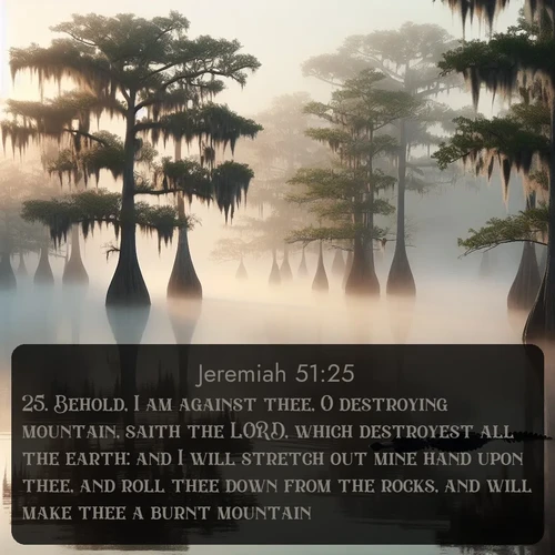 citation biblique : 25. Behold, I am against thee, O destroying mountain, saith the LORD, which destroyest all the earth: and I will stretch out mine hand upon thee, and roll thee down from the rocks, and will make thee a burnt mountain.
 sur fond image nature